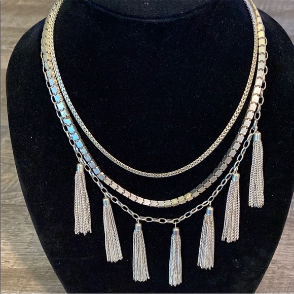 Silver Tassel Statement Necklace - Layered Boho 90s Y2K Holiday Glam - Picture 6 of 6
